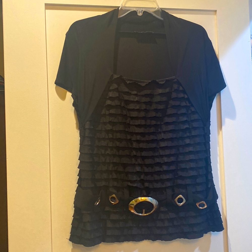 Jessica black blouse with faux belt ad buckle. Size Medium?   (see measurements)